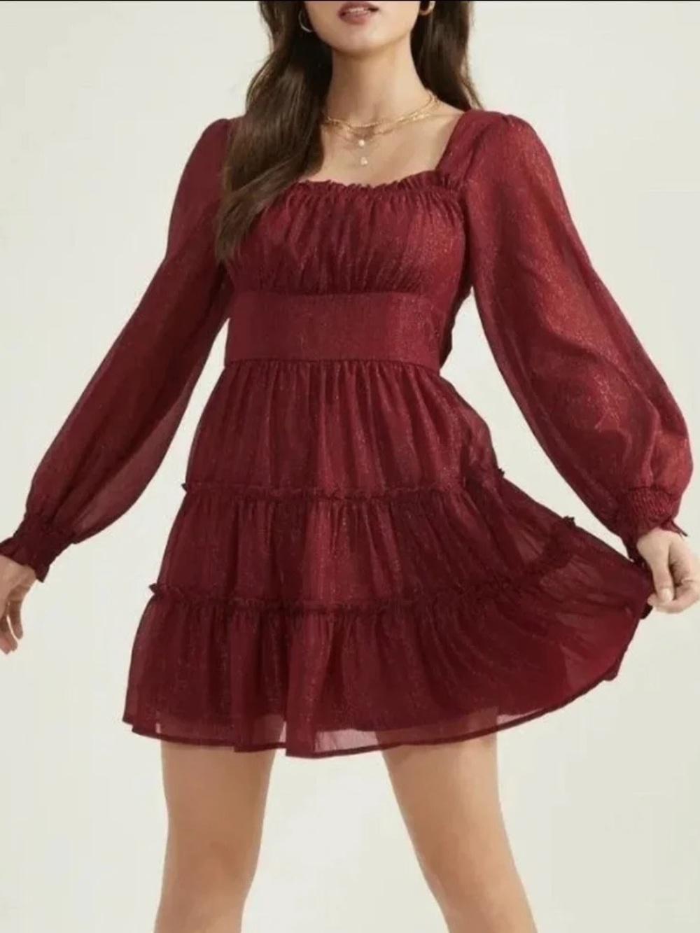 Square-Neck Burgundy Tiered Mini Dress with Long Sleeves